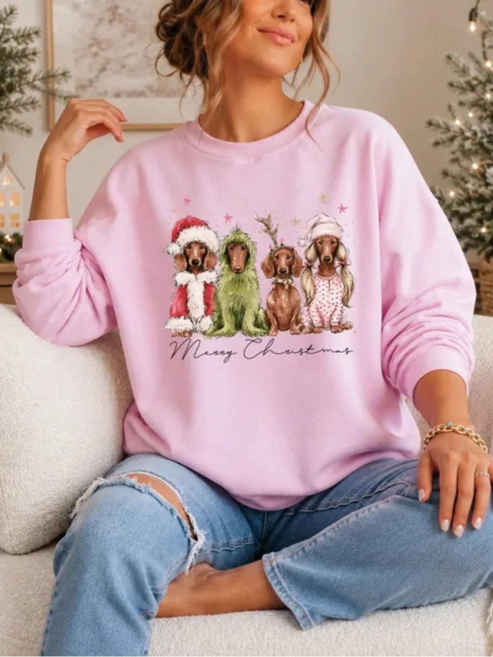 Pink Women's Christmas Dachshund Graphic Sweatshirt, Vintage Style For Lover Dog